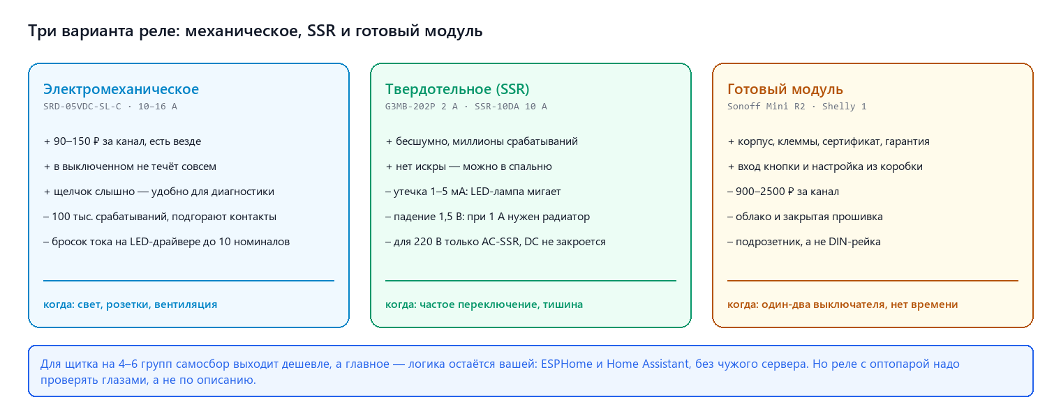 Три варианта реле: электромеханическое, SSR и готовый модуль