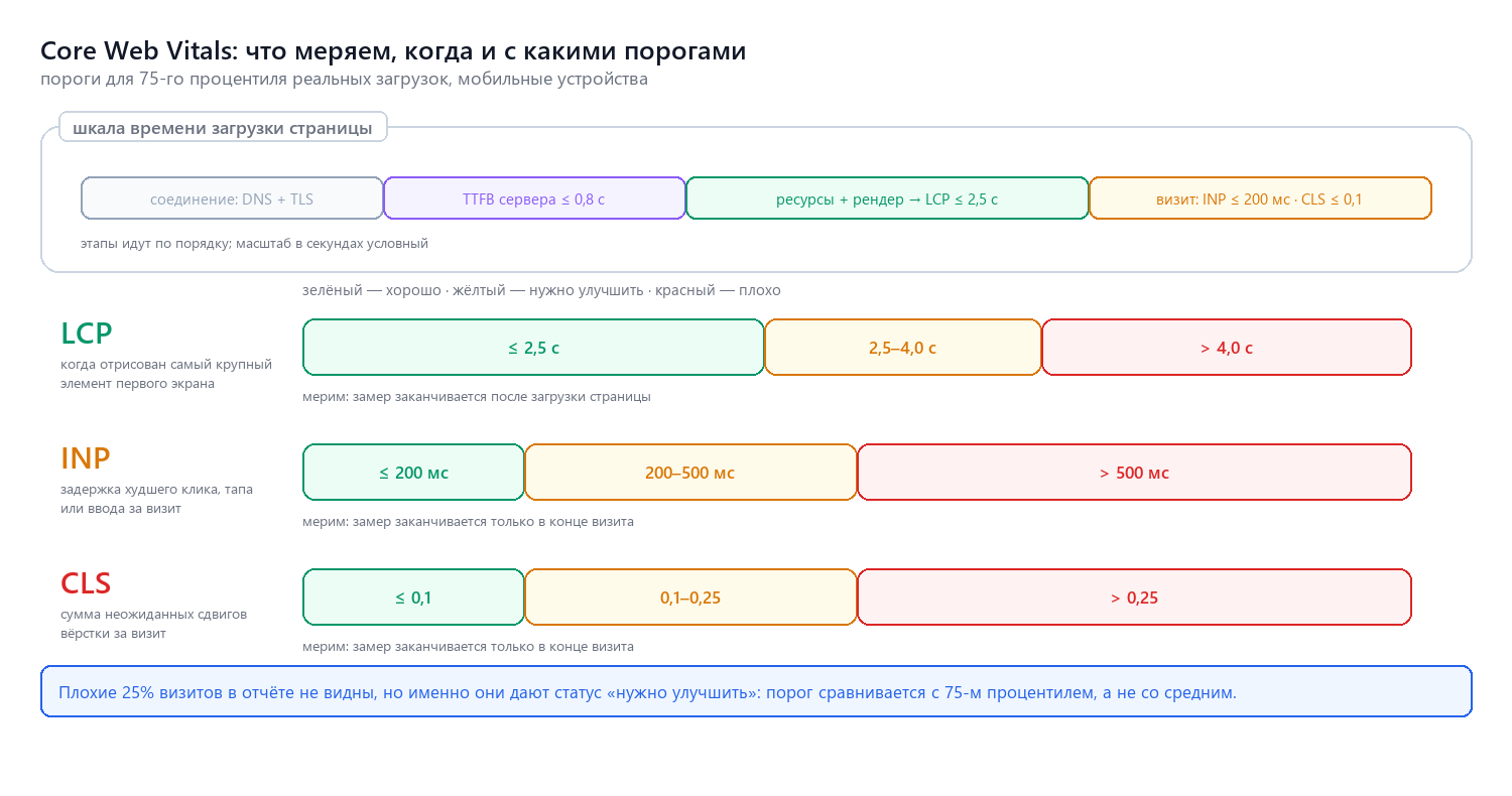 Три метрики Core Web Vitals: пороги и момент замера на шкале загрузки